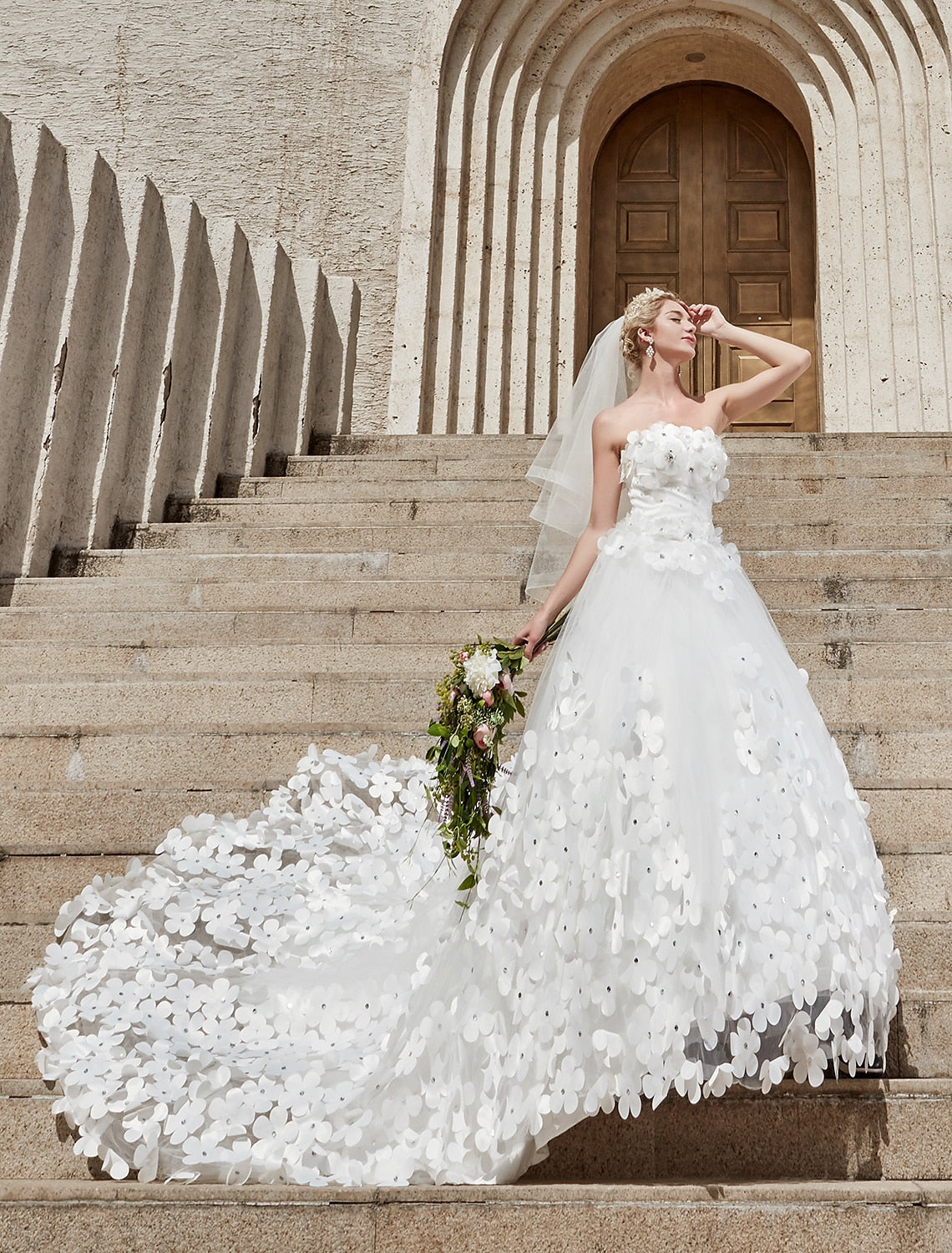 Ball Gown Strapless Lace Open Back Train Wedding Gown - Chloe Dress