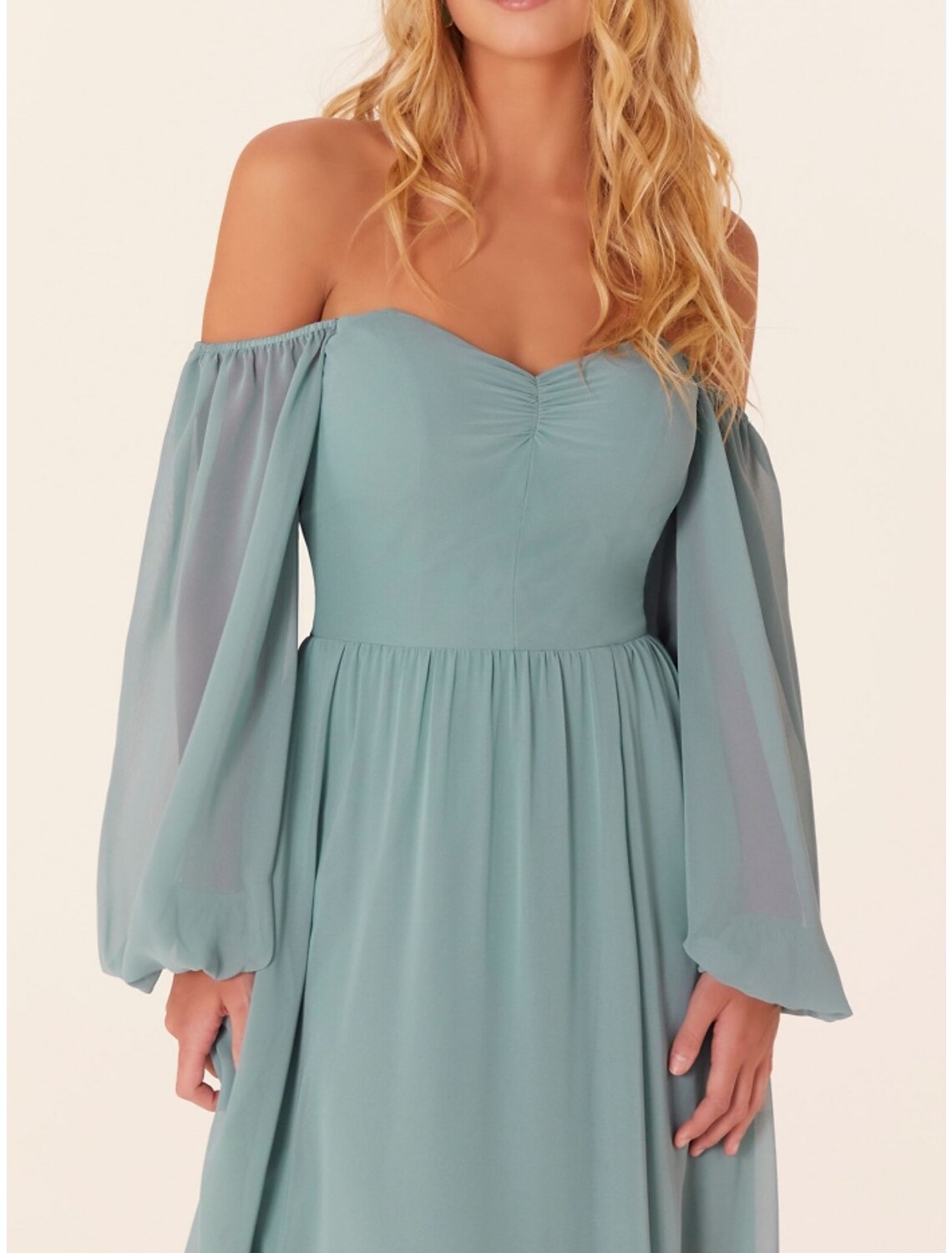 A-Line Square Neck Chiffon Long Sleeve Train Wedding Dress - Chloe Dress