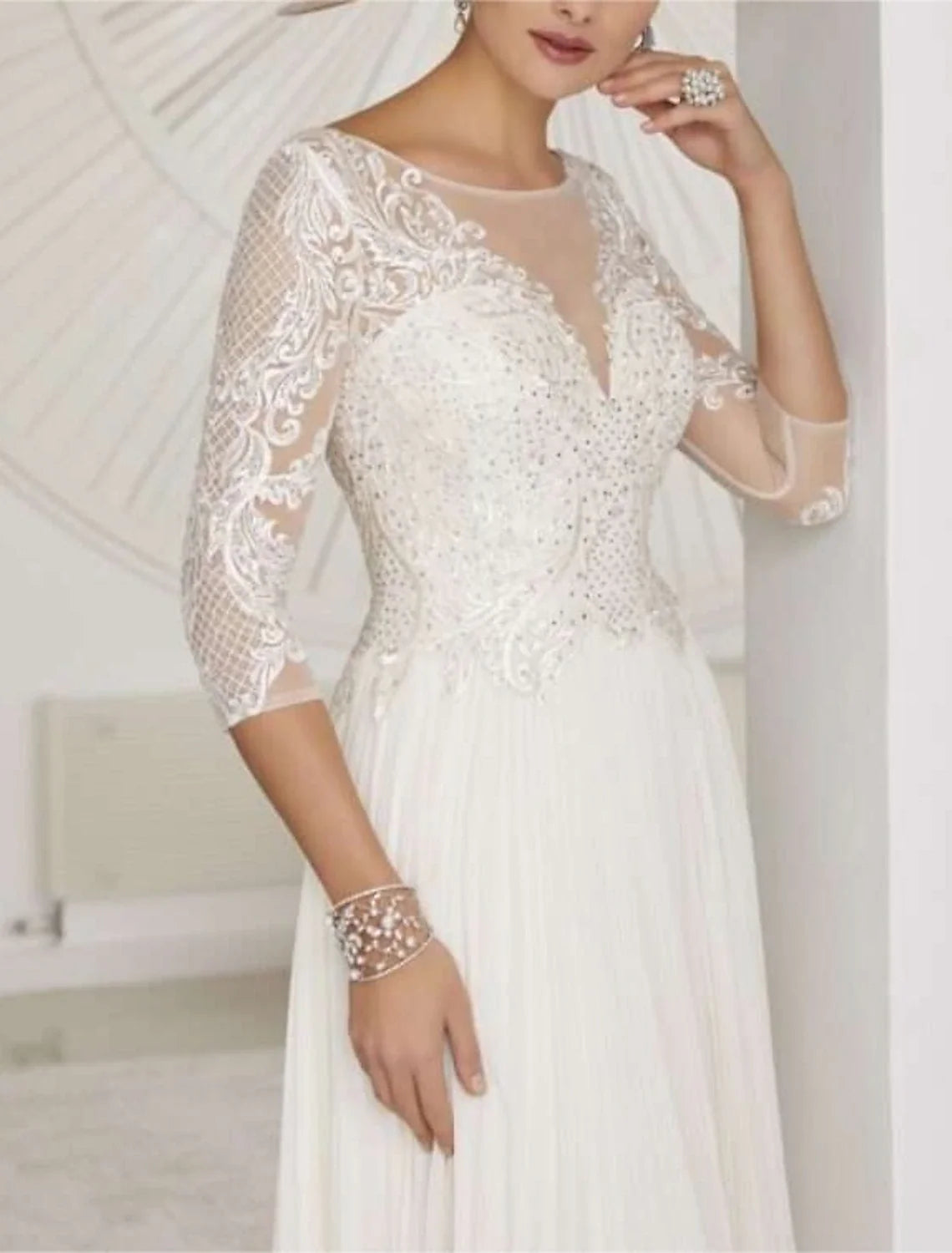 White A-Line Chiffon Three-Quarter Sleeve Pleated Tea-Length Wedding Gown - Chloe Dress