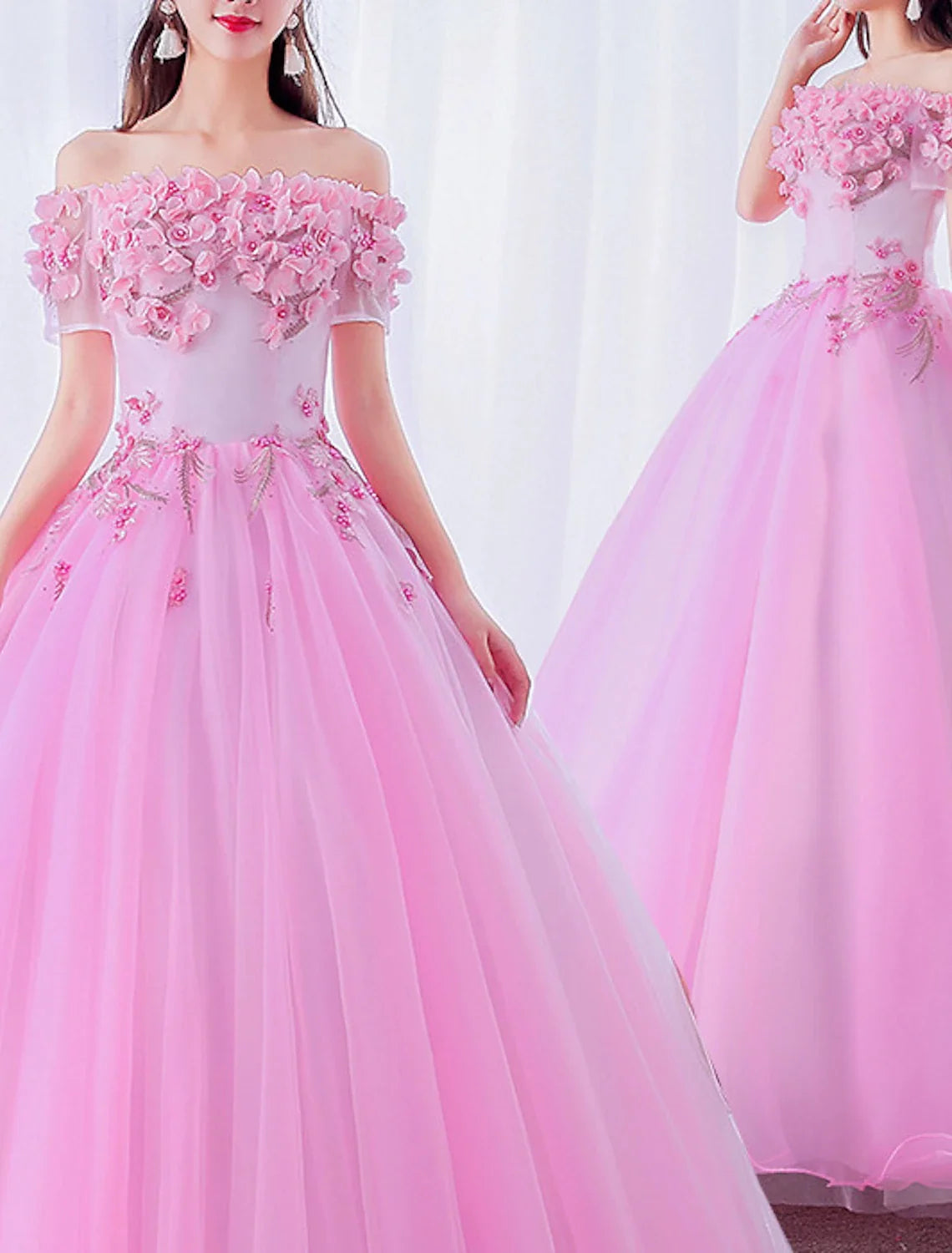 Ball Gown Off-Shoulder Polyester Short Sleeve Applique Floor-Length Prom Gown - Chloe Dress