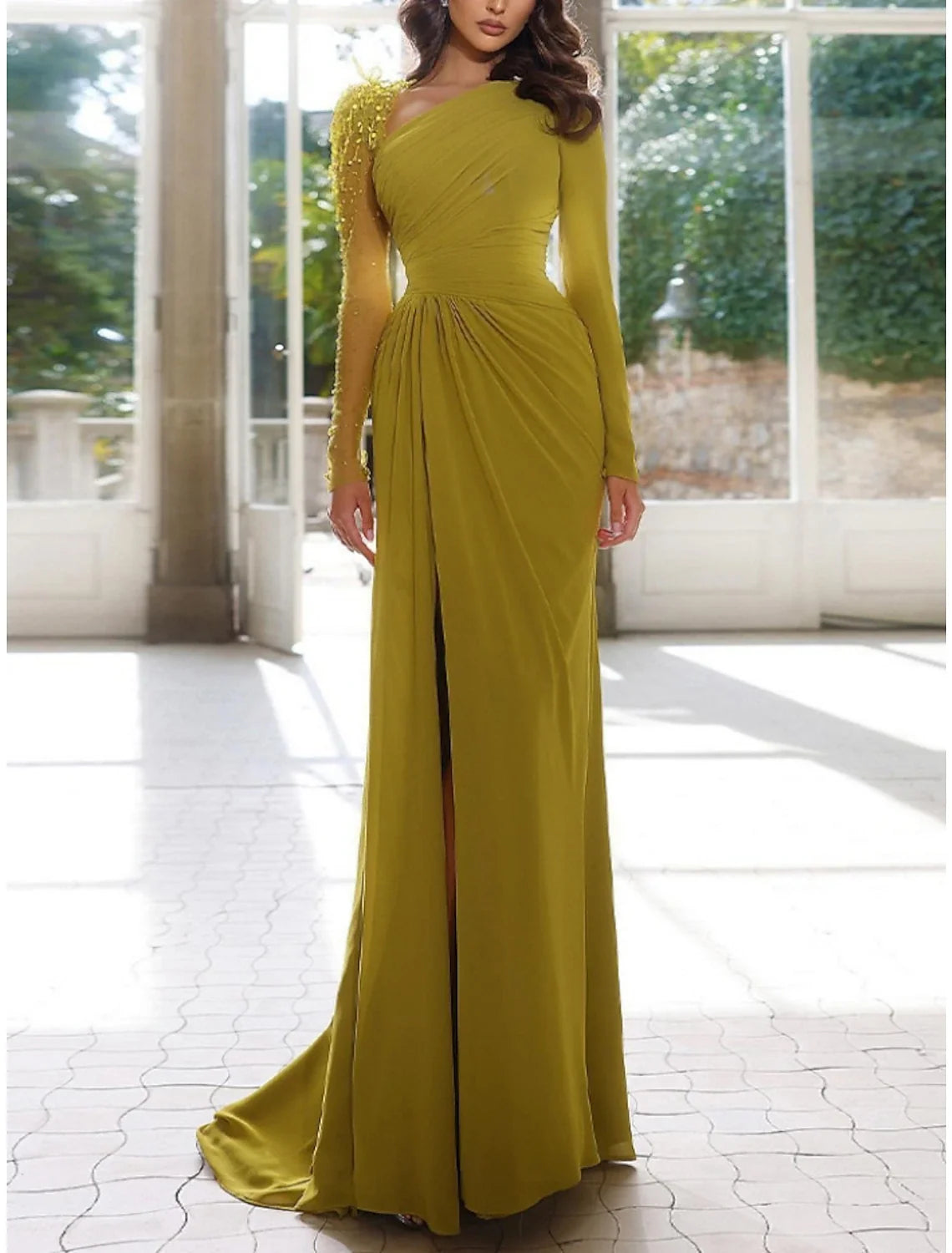 Green Sheath Chiffon Long Sleeve Pleated Evening Gown - Chloe Dress