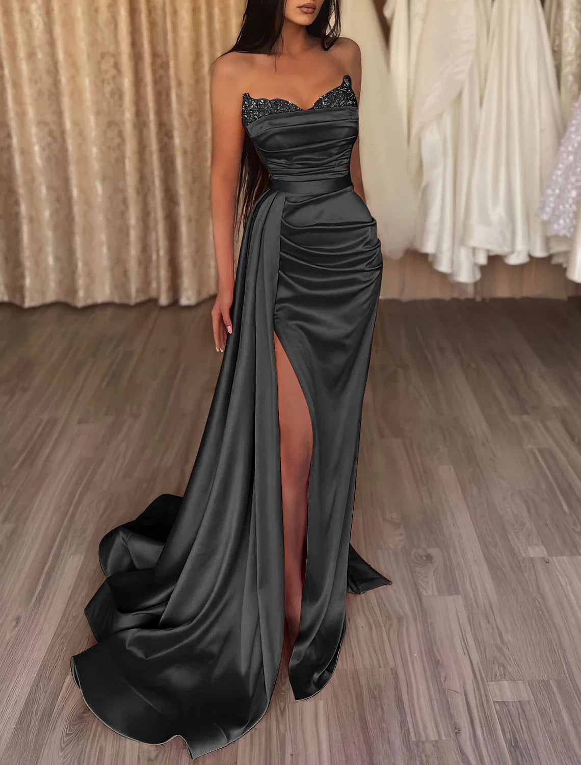 Mermaid Strapless Satin Sleeveless Train Evening Gown - Chloe Dress