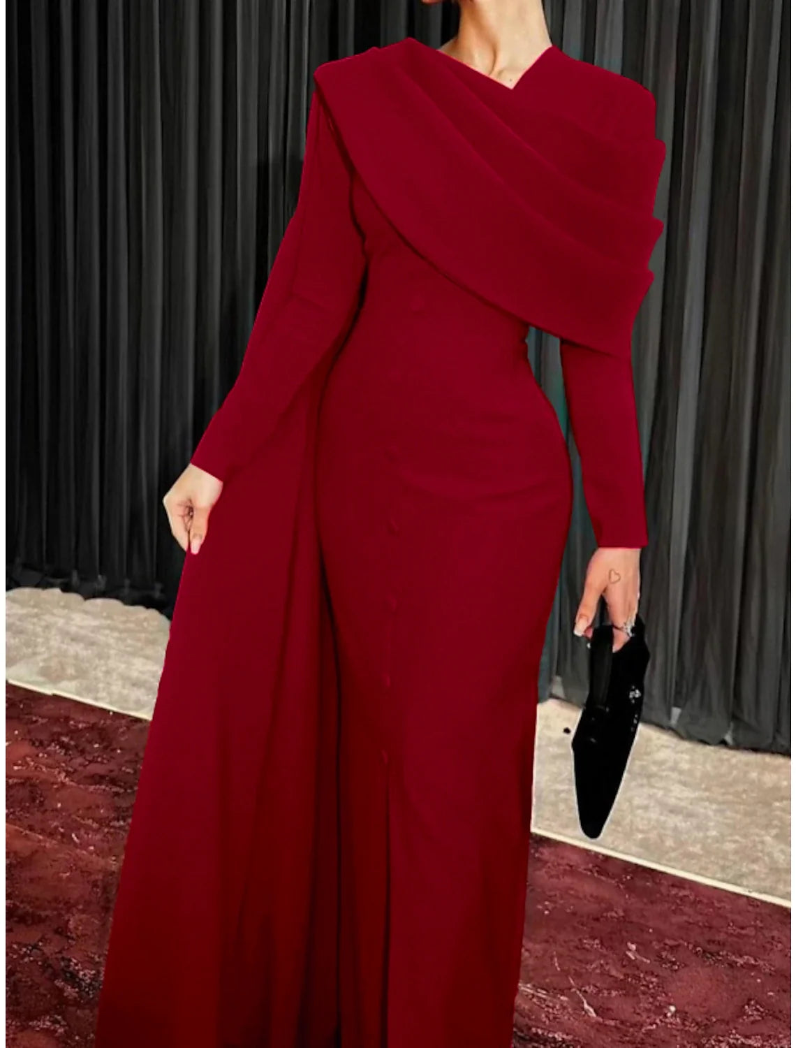 Black Sheath Cowl Neck Long Sleeve Button Back High Slit Evening Gown - Chloe Dress