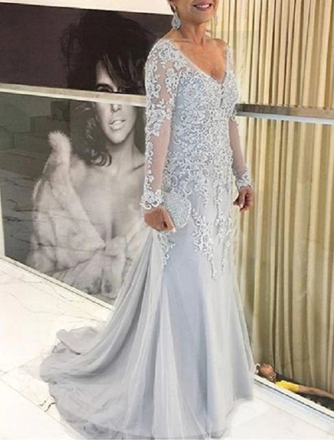Mermaid V-Neck Lace Long Sleeve Train Wedding Dress - Chloe Dress