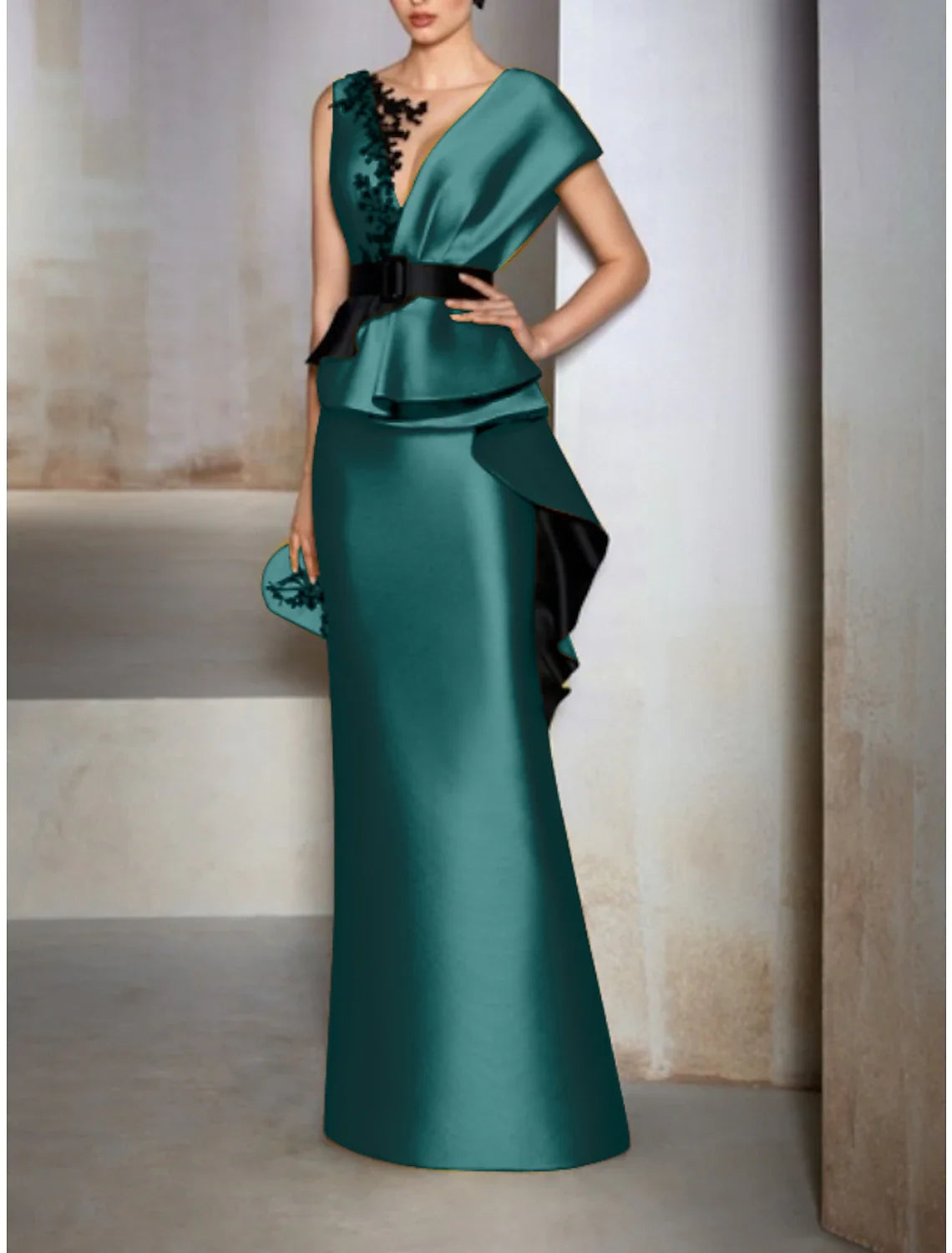 Champagne Sheath V-Neck Satin Short Sleeve Ruffled Floor-Length Evening Gown - Chloe Dress