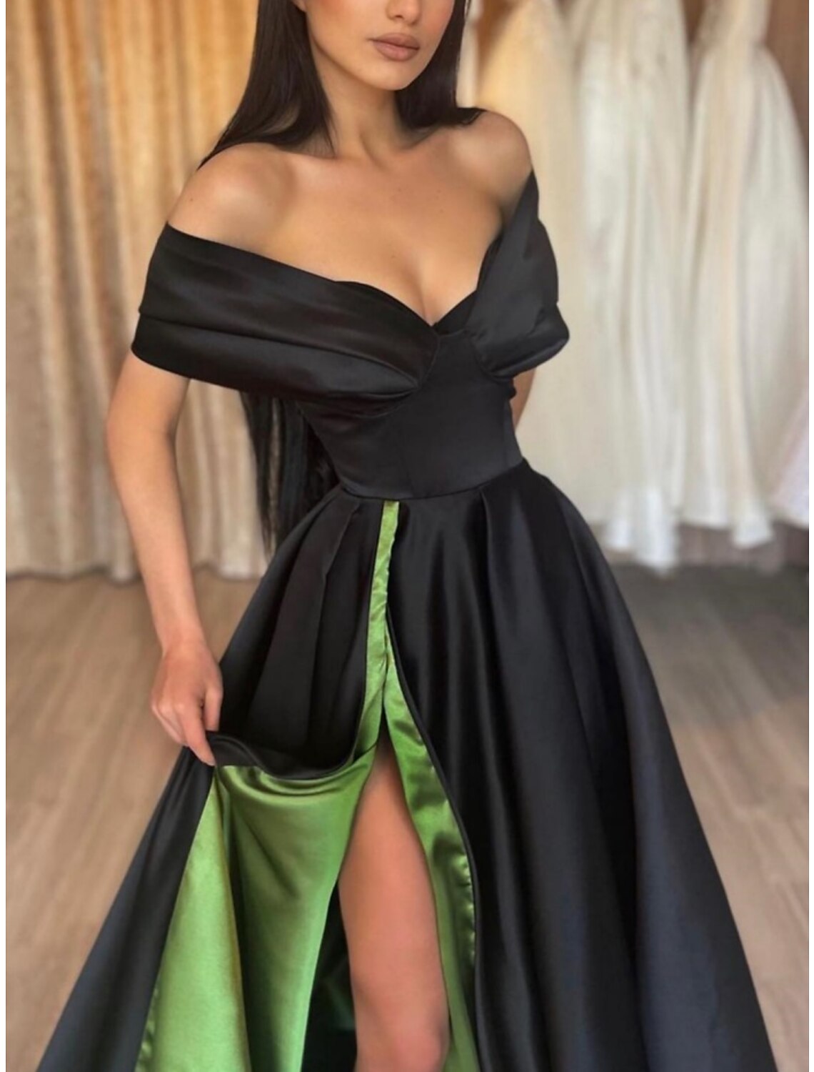 Black A-Line Off-Shoulder Satin Short Sleeve High Slit Floor-Length Evening Gown - Chloe Dress