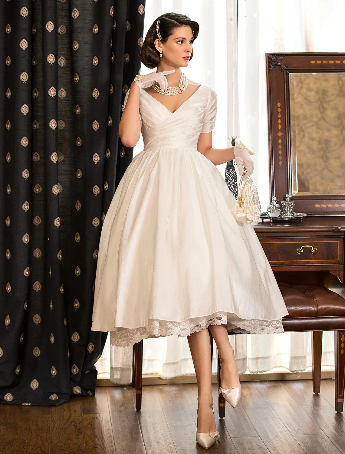 White A-Line V-Neck Satin Short Sleeve Mini Wedding Gown - Chloe Dress