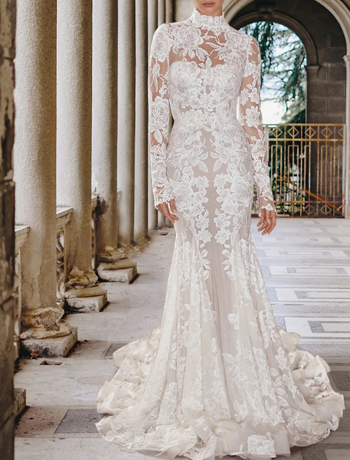 Mermaid High Neck Lace Long Sleeve Train Wedding Gown - Chloe Dress