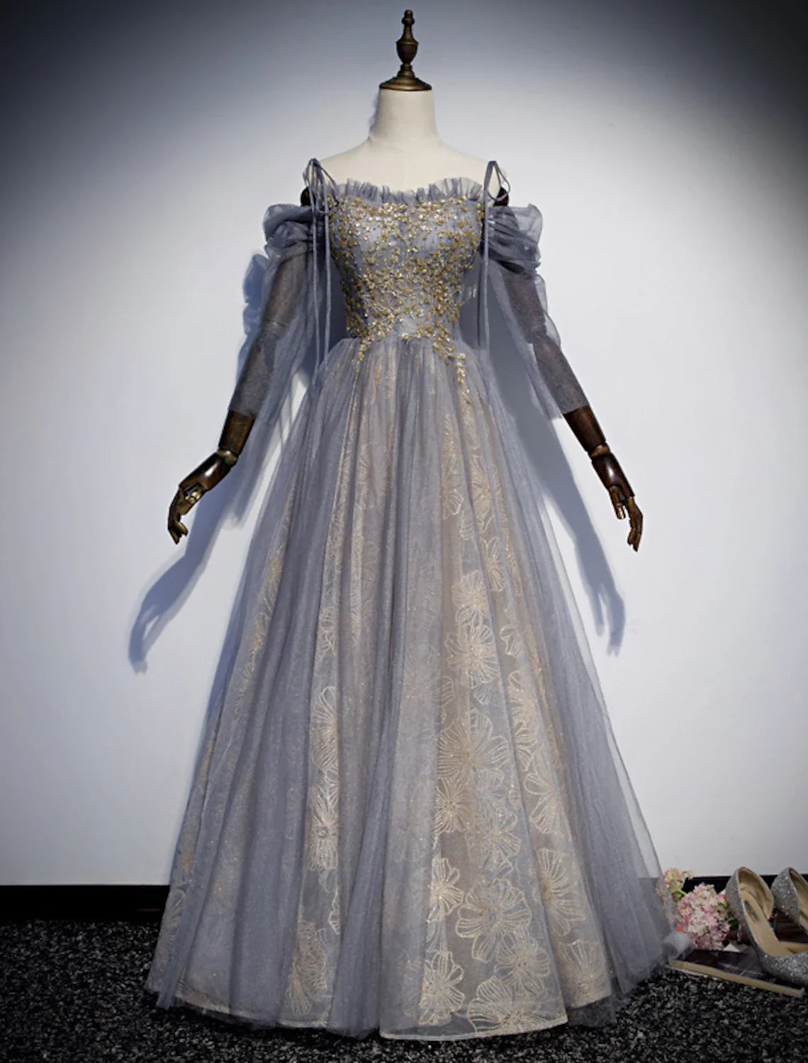 A-Line Spaghetti Strap Tulle Three-Quarter Sleeve Floor-Length Prom Dress - Chloe Dress