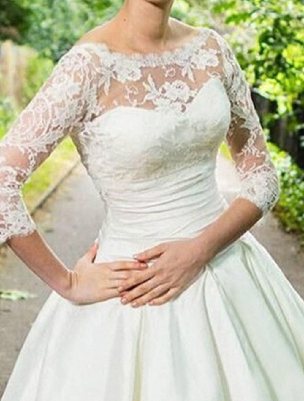 A-Line Satin Three-Quarter Sleeve Applique Knee-Length Wedding Dress - Chloe Dress