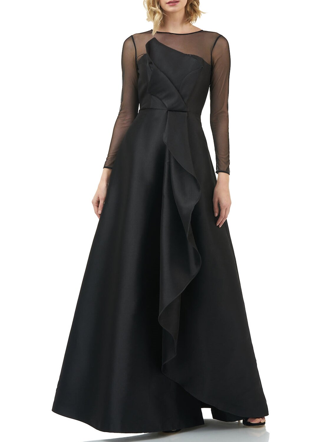 Black A-Line Satin Long Sleeve Ruffled Floor-Length Evening Dress - Chloe Dress