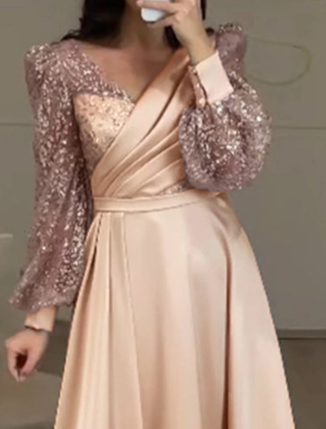 A-Line V-Neck Satin Long Sleeve Tea-Length Wedding Dress - Chloe Dress