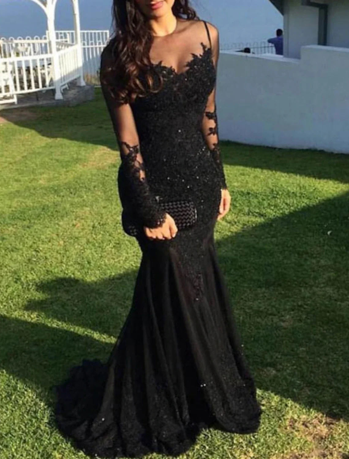 Black Mermaid Illusion Lace Long Sleeve Train Evening Gown - Chloe Dress