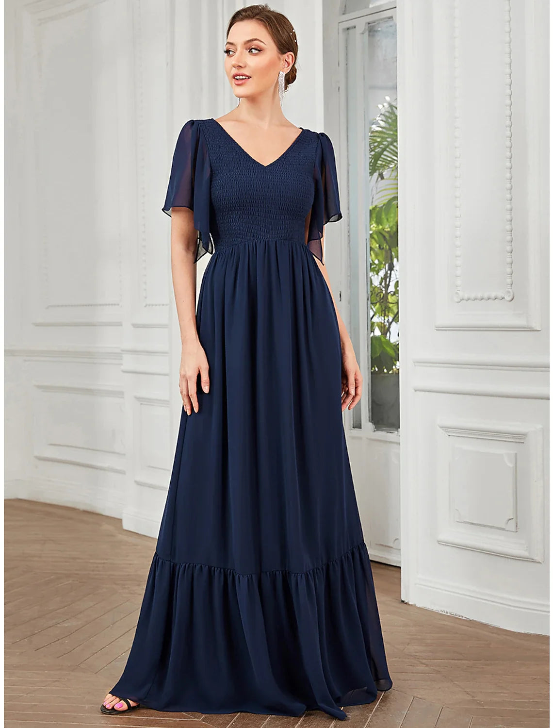 A-Line V-Neck Chiffon Short Sleeve Pleated Floor-Length Prom Dress - Chloe Dress