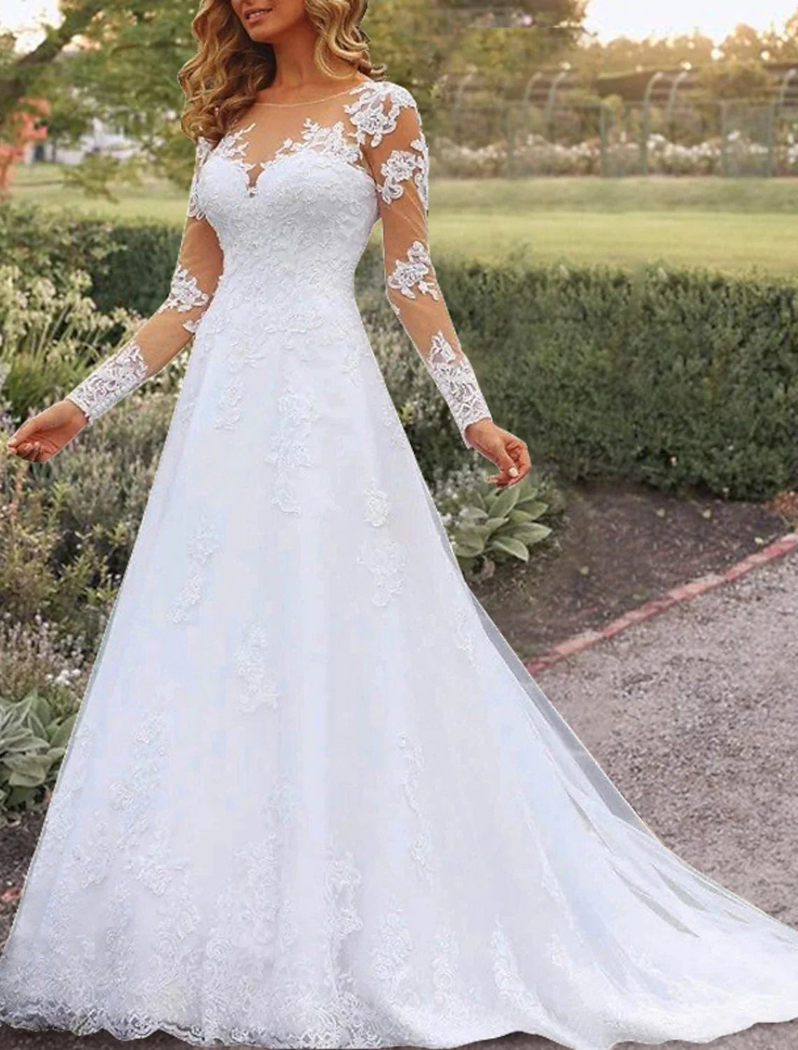 A-Line Illusion Lace Long Sleeve Open Back Train Wedding Gown - Chloe Dress