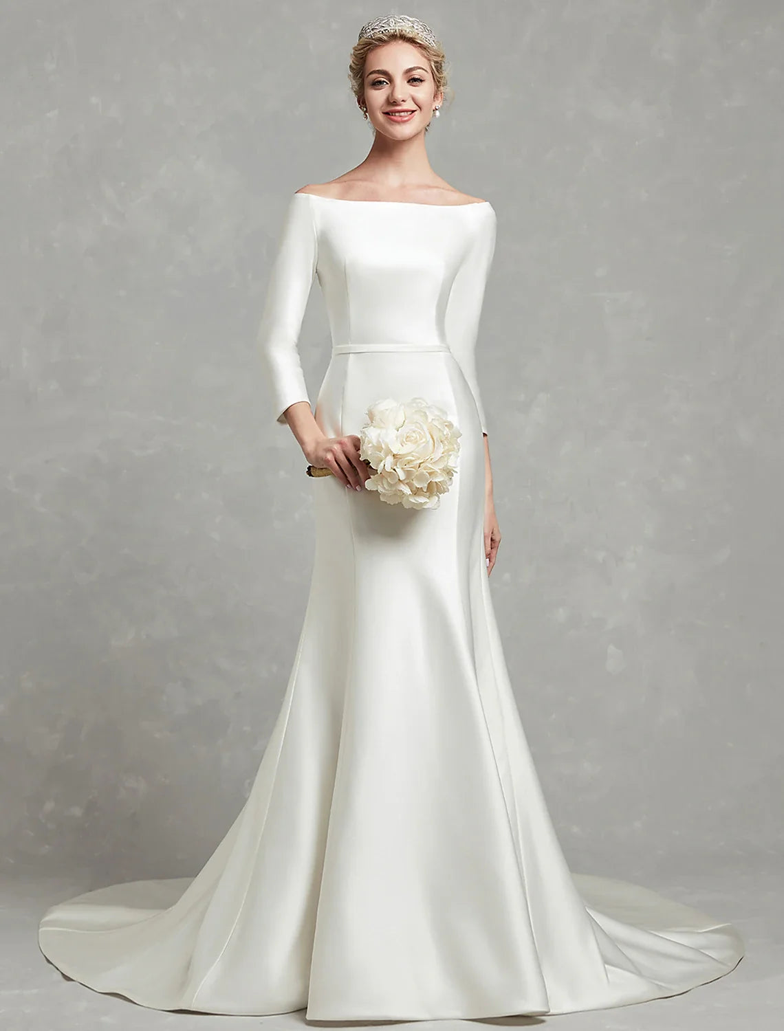 Mermaid Off-Shoulder Satin Three-Quarter Sleeve Pleated Wedding Gown - Chloe Dress