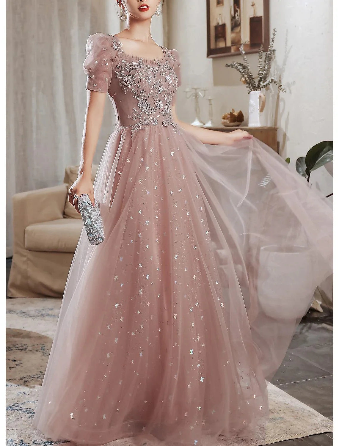 A-Line Sweetheart Satin Short Sleeve Applique Floor-Length Prom Dress - Chloe Dress