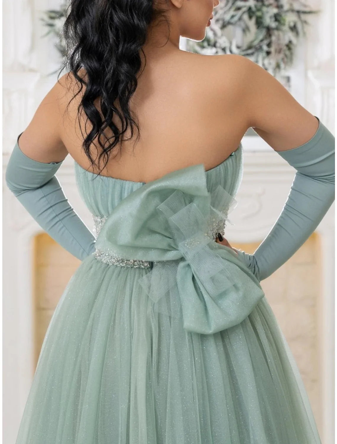 Green A-Line Strapless Tulle Long Sleeve Pleated Prom Dress - Chloe Dress