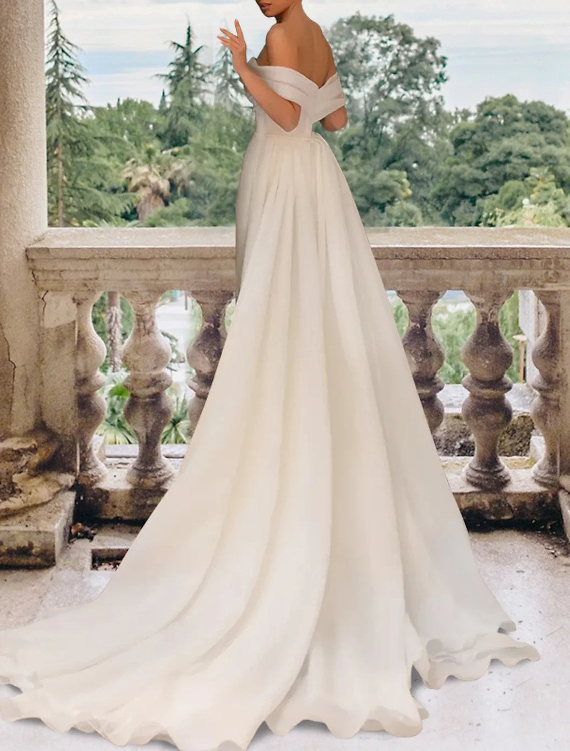 Sheath Off-Shoulder Satin Cap Sleeve Draped Wedding Gown - Chloe Dress