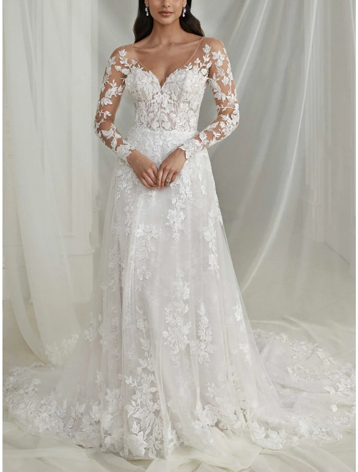 A-Line V-Neck Lace Long Sleeve Pleated Wedding Gown - Chloe Dress
