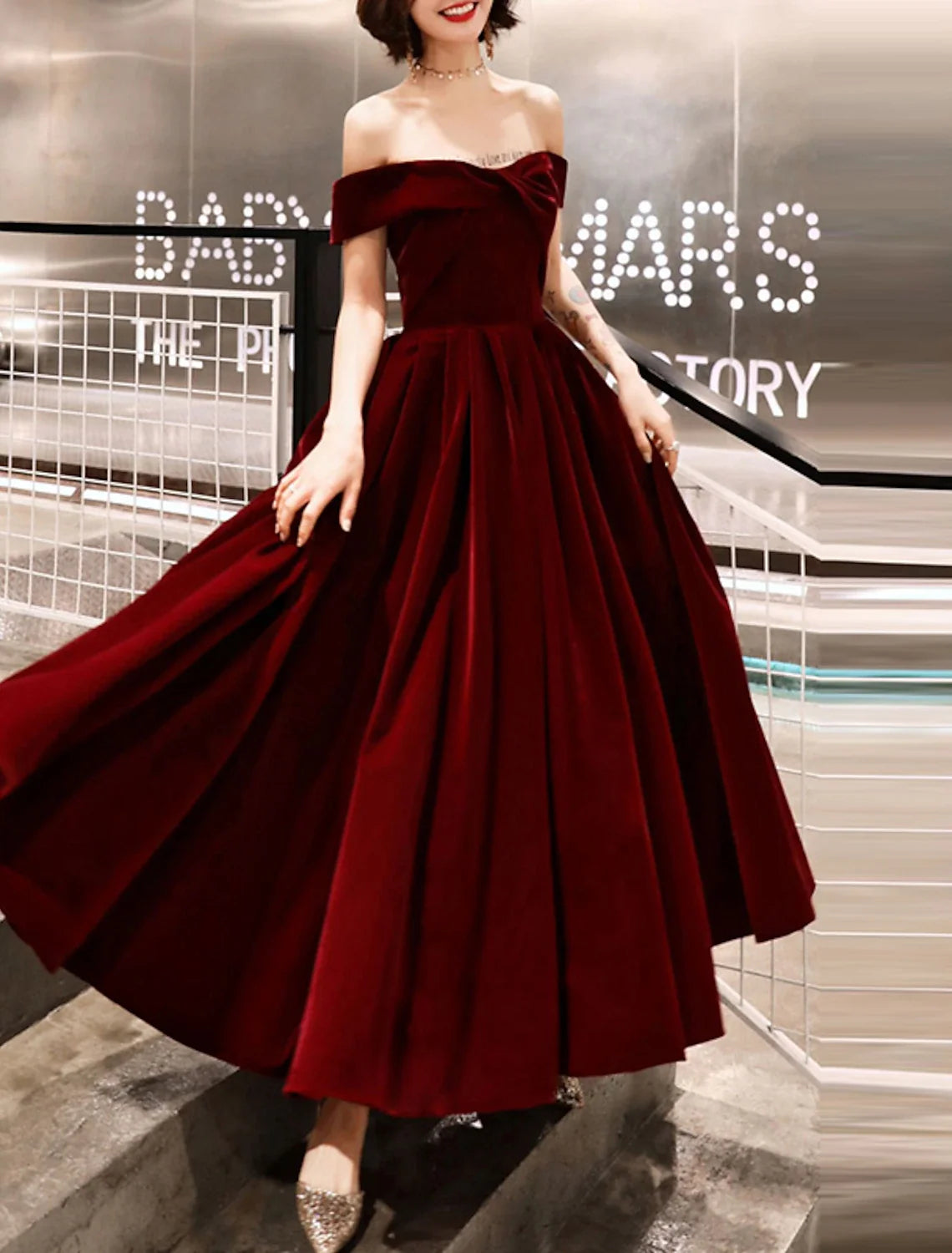 A-Line Off-Shoulder Velvet Short Sleeve Mini Evening Gown - Chloe Dress