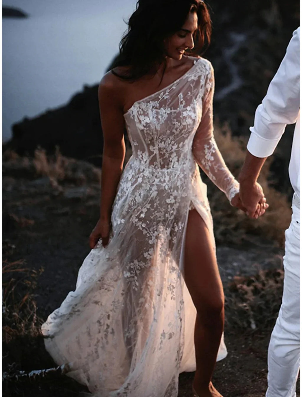 A-Line One-Shoulder Lace Long Sleeve Train Wedding Gown - Chloe Dress