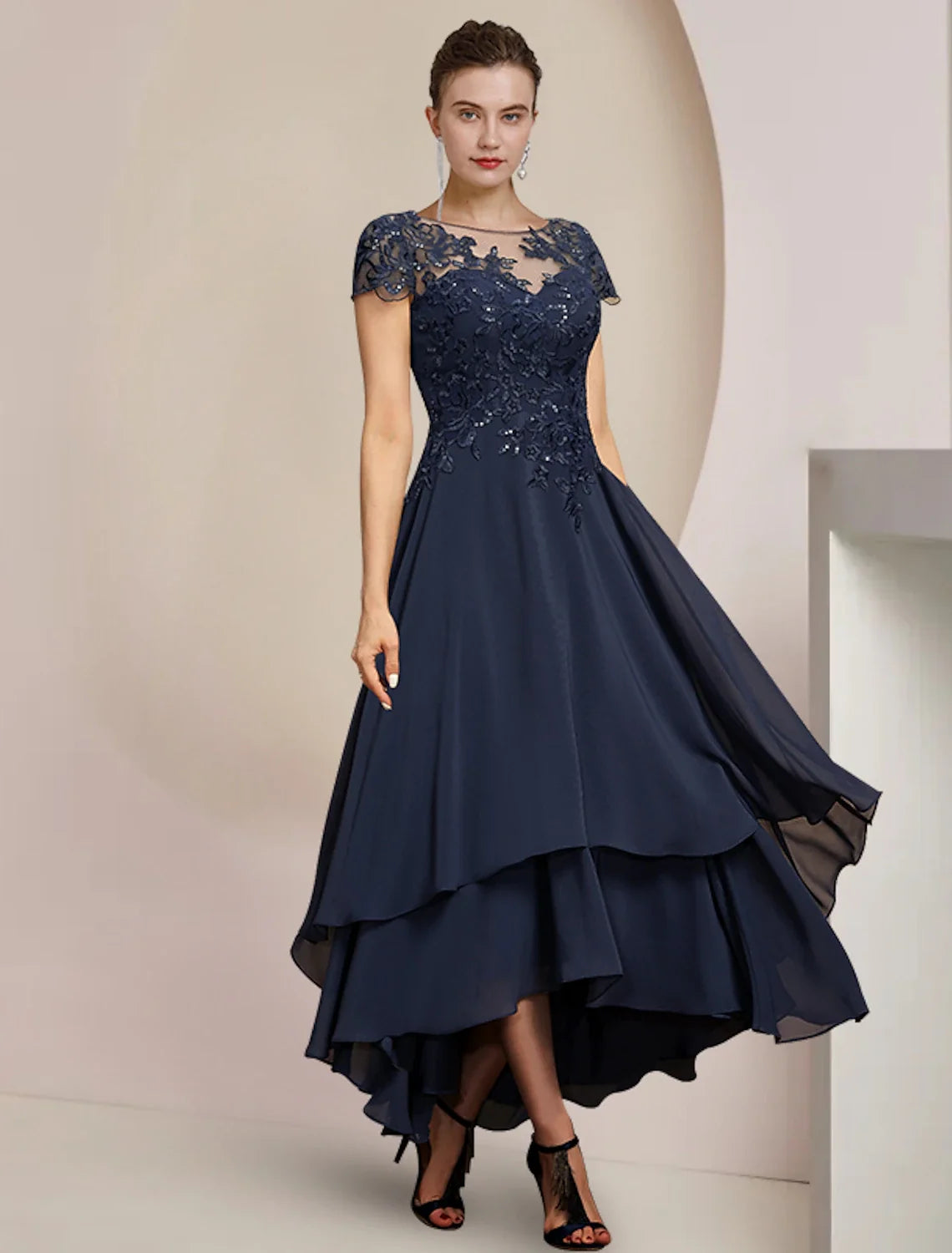 A-Line High Neck Chiffon Short Sleeve Asymmetric Mini Wedding Dress - Chloe Dress