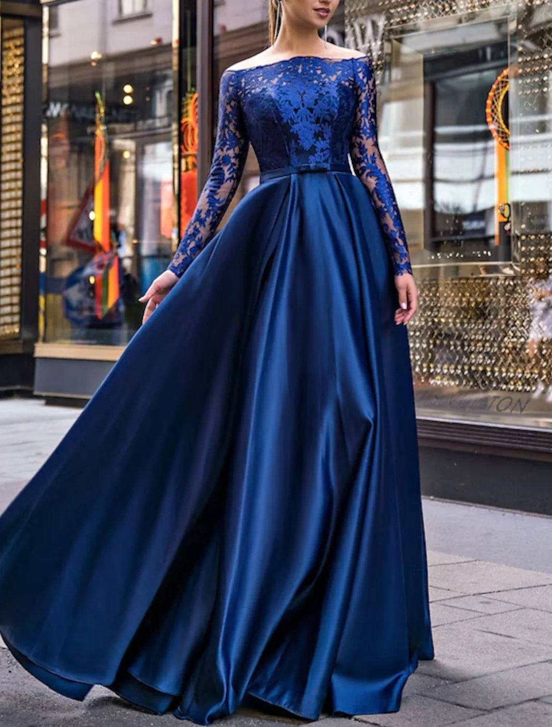Green A-Line Off-Shoulder Satin Long Sleeve Applique Floor-Length Evening Gown - Chloe Dress