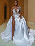 Ball Gown One-Shoulder Satin Train Wedding Gown - Chloe Dress