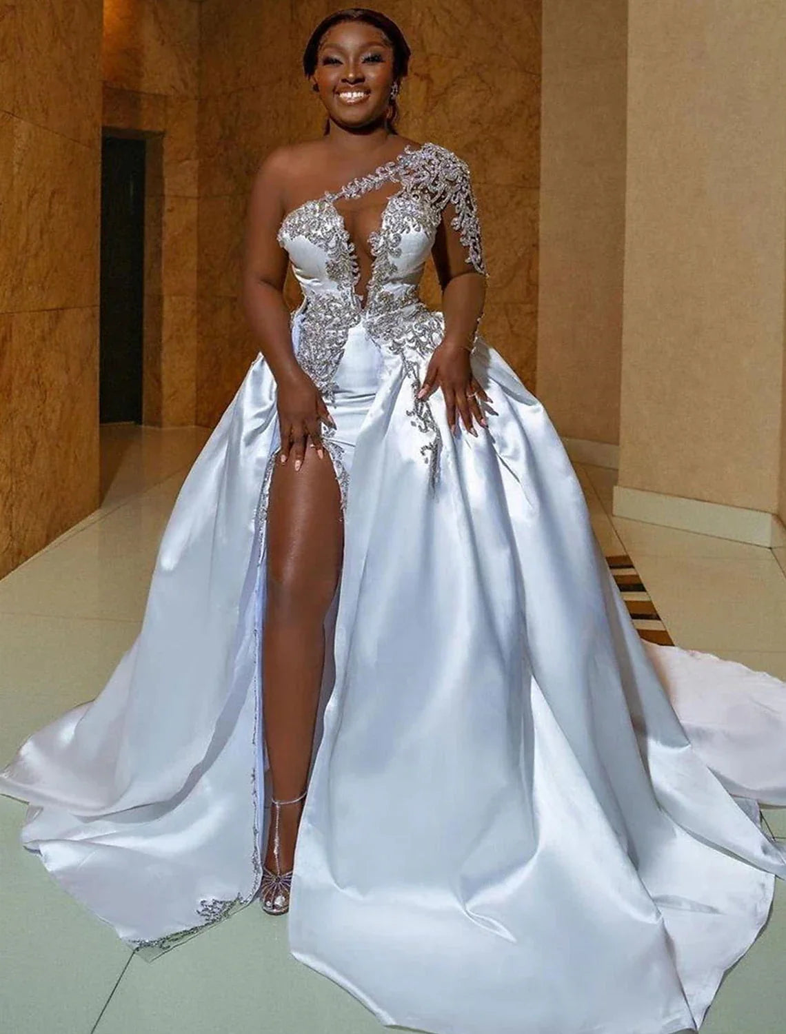 Ball Gown One-Shoulder Satin Train Wedding Gown - Chloe Dress