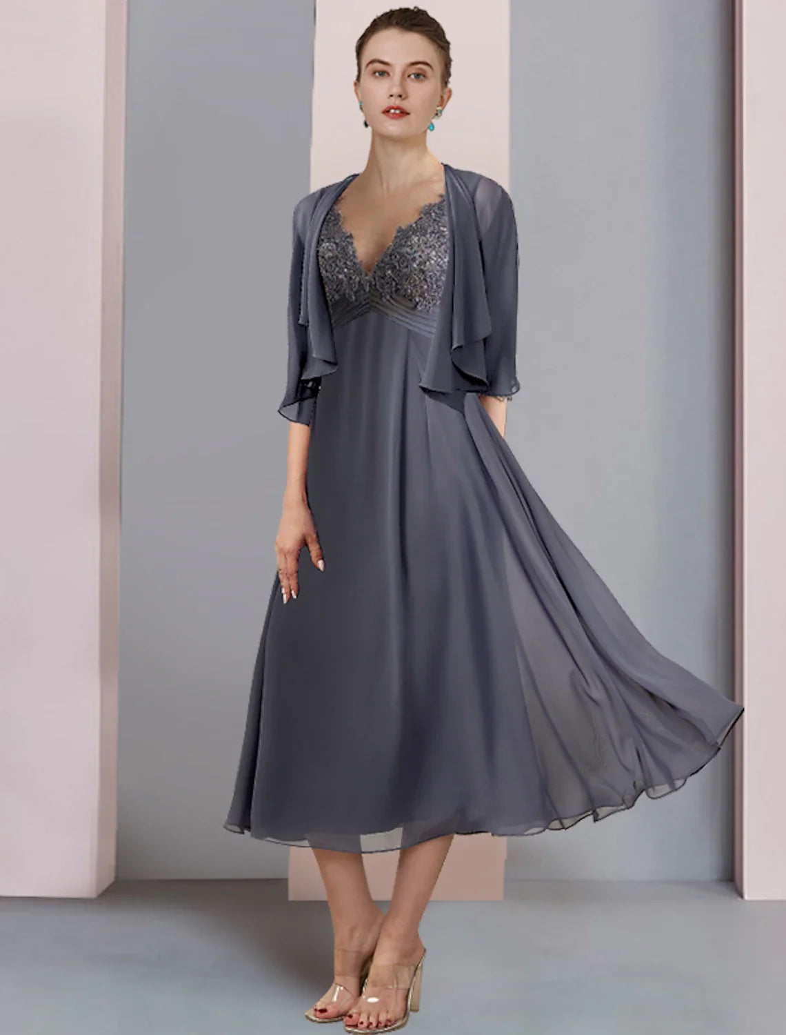 V-Neck Chiffon Short Sleeve Wrap Mini Wedding Dress - Chloe Dress