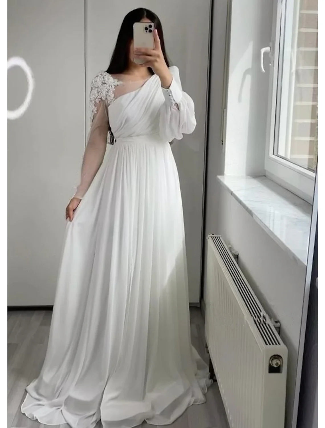 White A-Line Chiffon Long Sleeve Pleated Floor-Length Wedding Gown - Chloe Dress