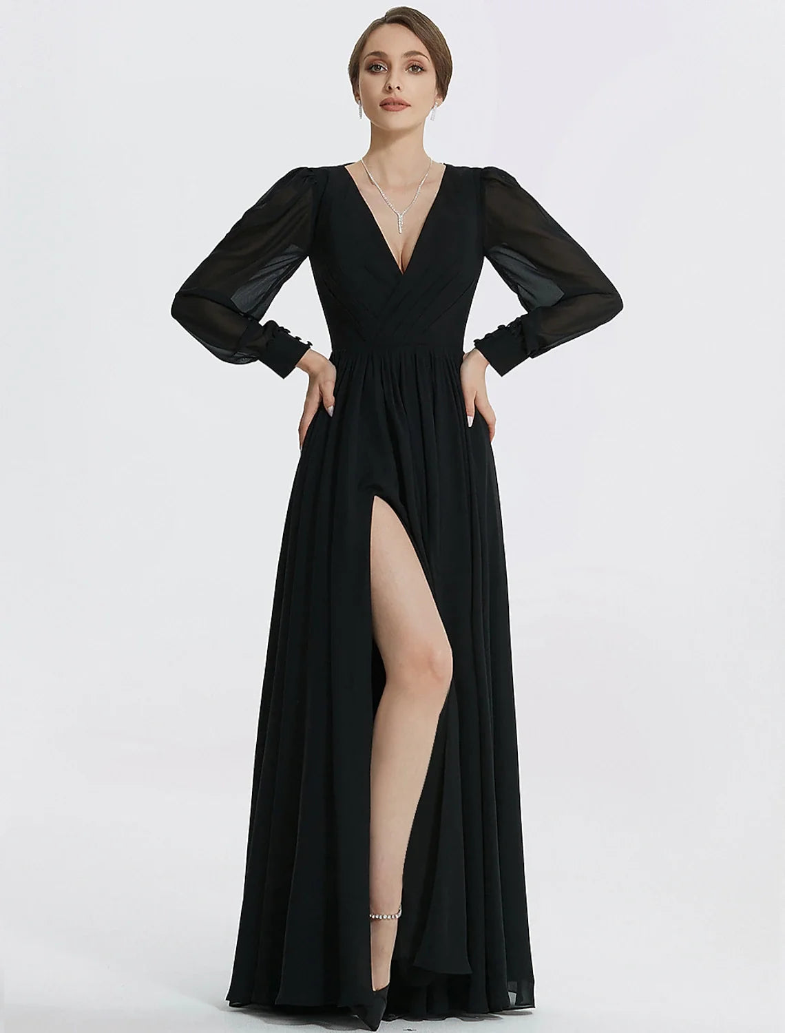 A-Line V-Neck Chiffon Long Sleeve High Slit Floor-Length Evening Gown - Chloe Dress