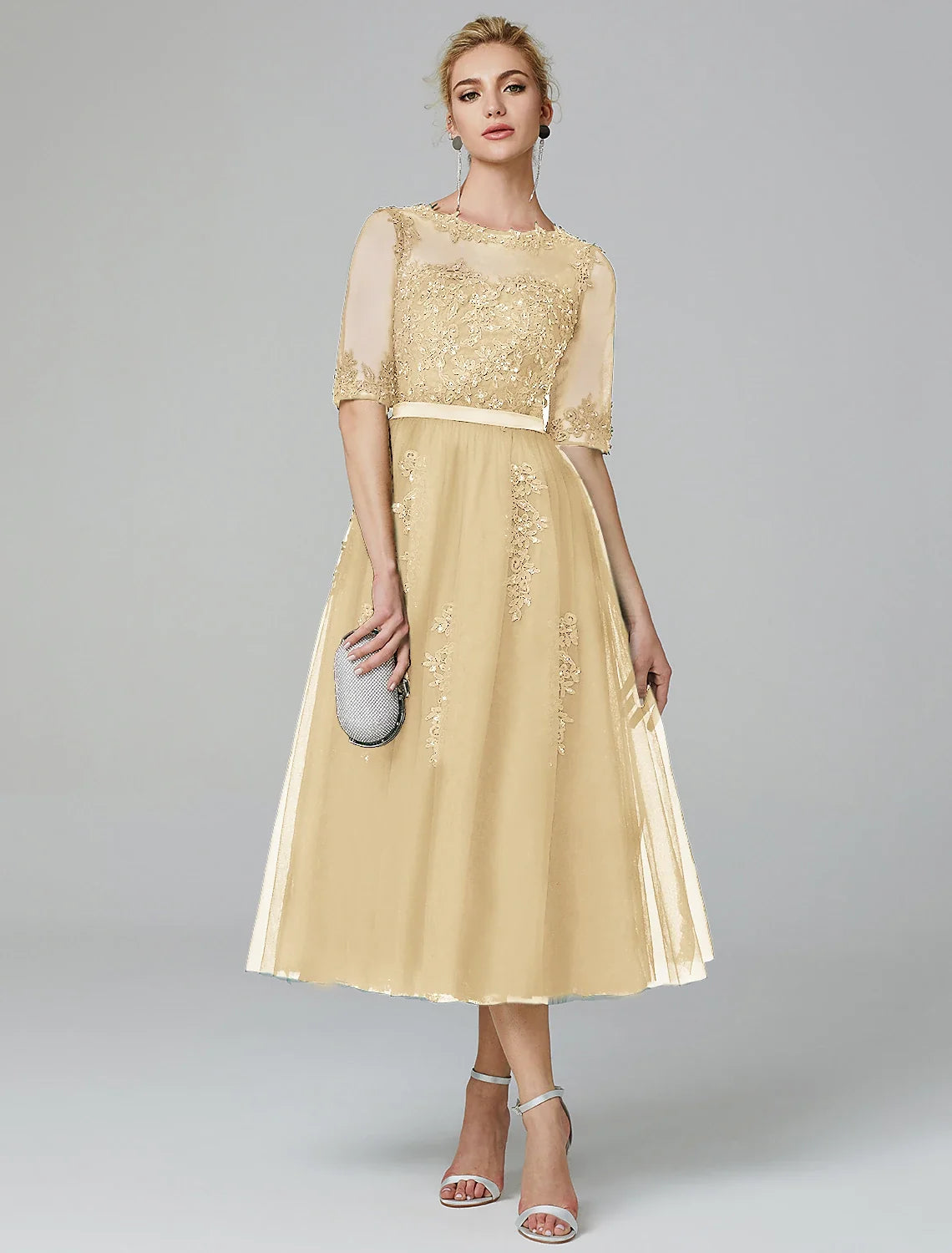 A-Line Illusion Tulle Sleeveless Applique Tea-Length Evening Dress - Chloe Dress