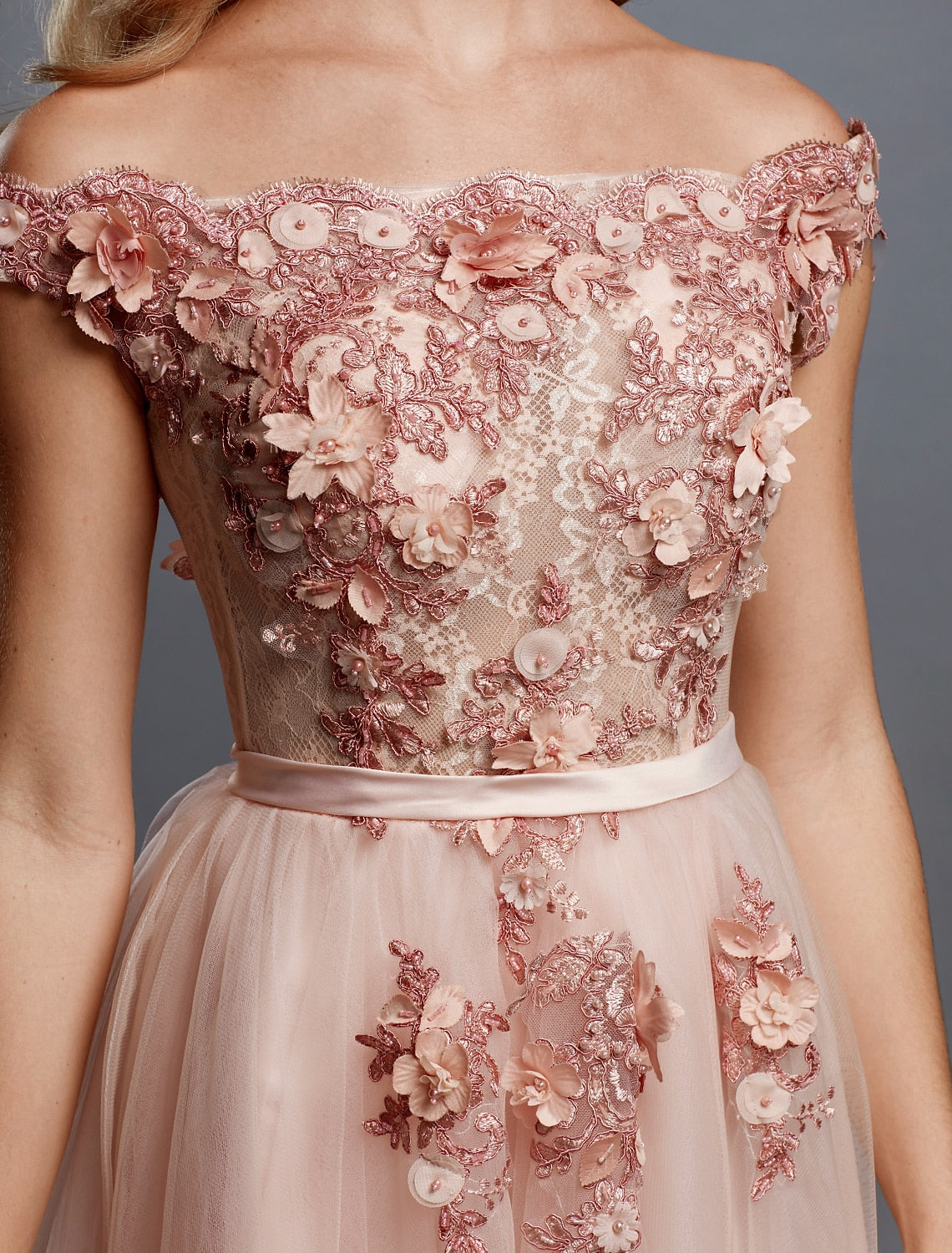 A-Line Off-Shoulder Tulle Sleeveless Train Prom Dress - Chloe Dress