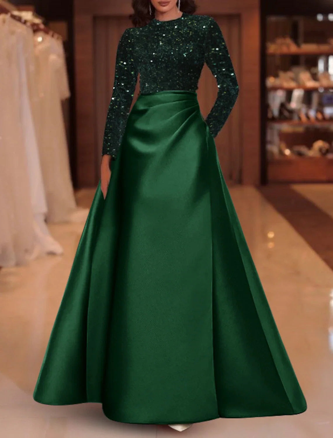 Green A-Line Satin Long Sleeve Floor-Length Evening Gown - Chloe Dress
