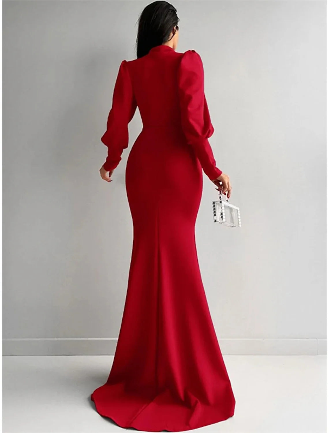 Green Mermaid High Neck Satin Long Sleeve Train Evening Gown - Chloe Dress