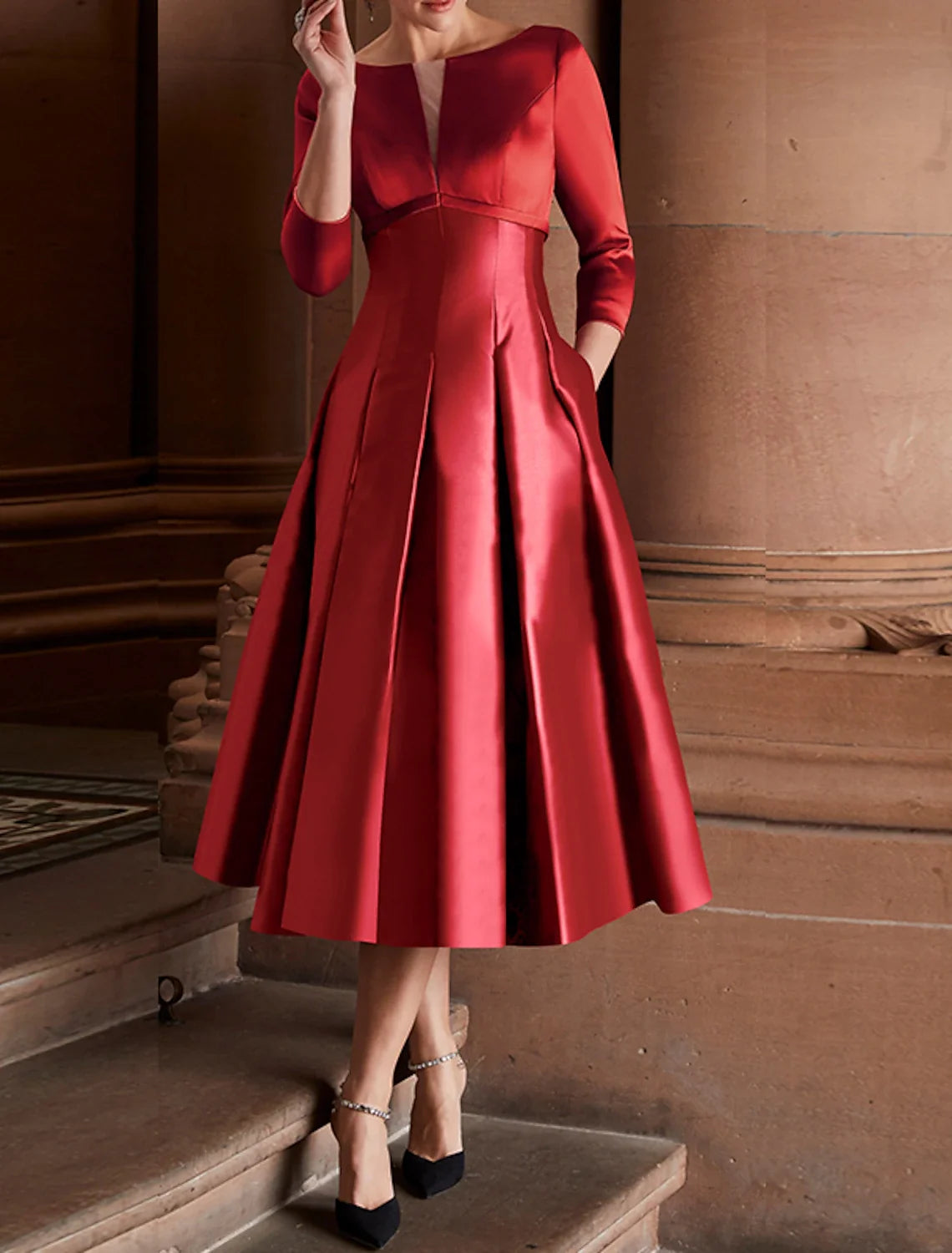 Green A-Line Satin Three-Quarter Sleeve Pleated Mini Wedding Dress - Chloe Dress