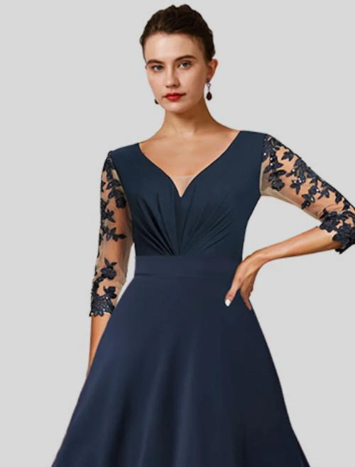 A-Line V-Neck Chiffon Three-Quarter Sleeve Asymmetric Tea-Length Wedding Dress - Chloe Dress