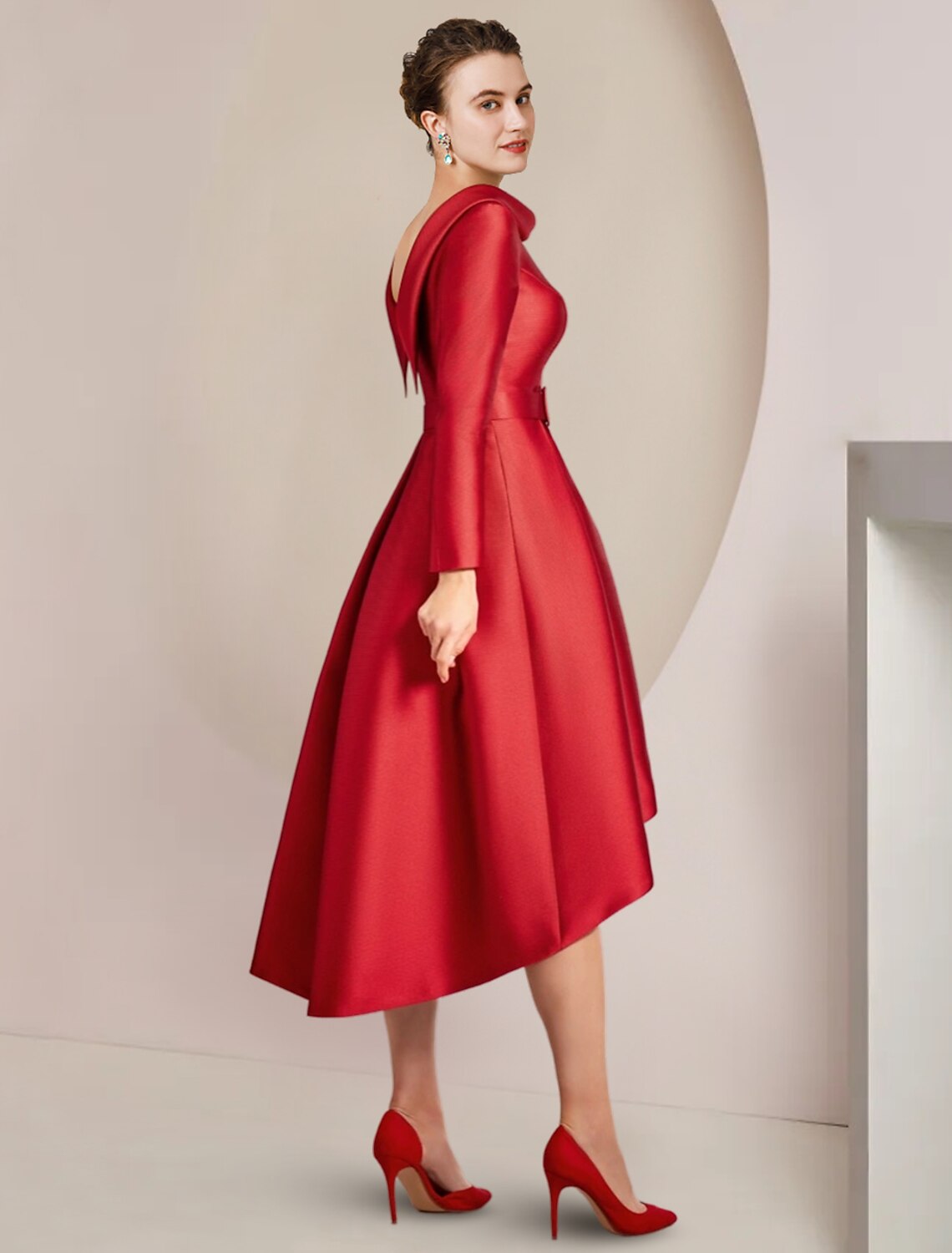 A-Line High Neck Satin Long Sleeve Asymmetric Knee-Length Wedding Dress - Chloe Dress