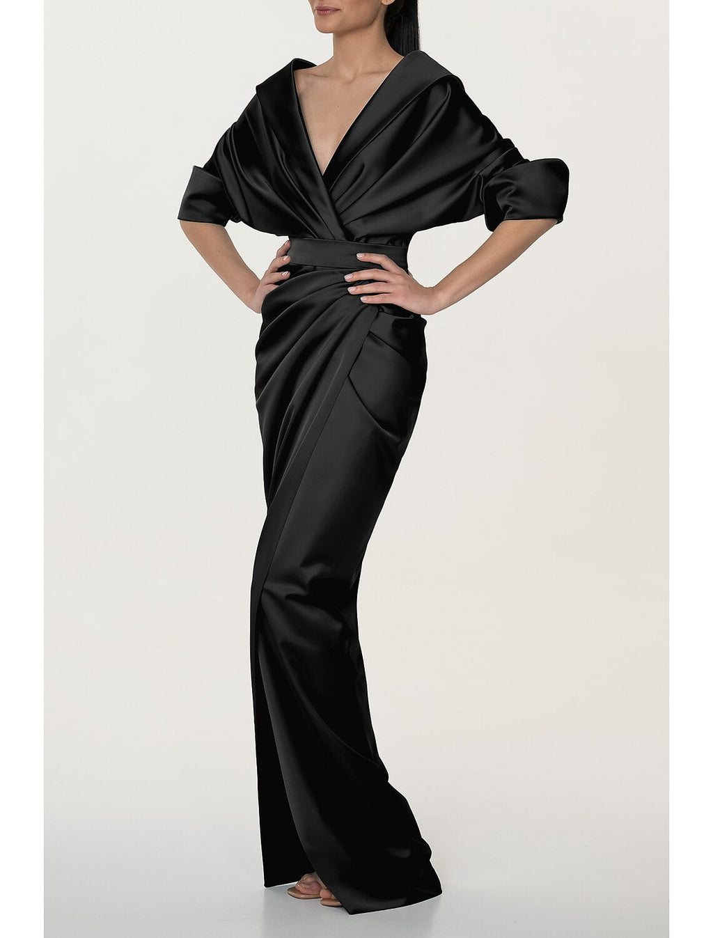 Black A-Line V-Neck Satin High Slit Evening Gown - Chloe Dress