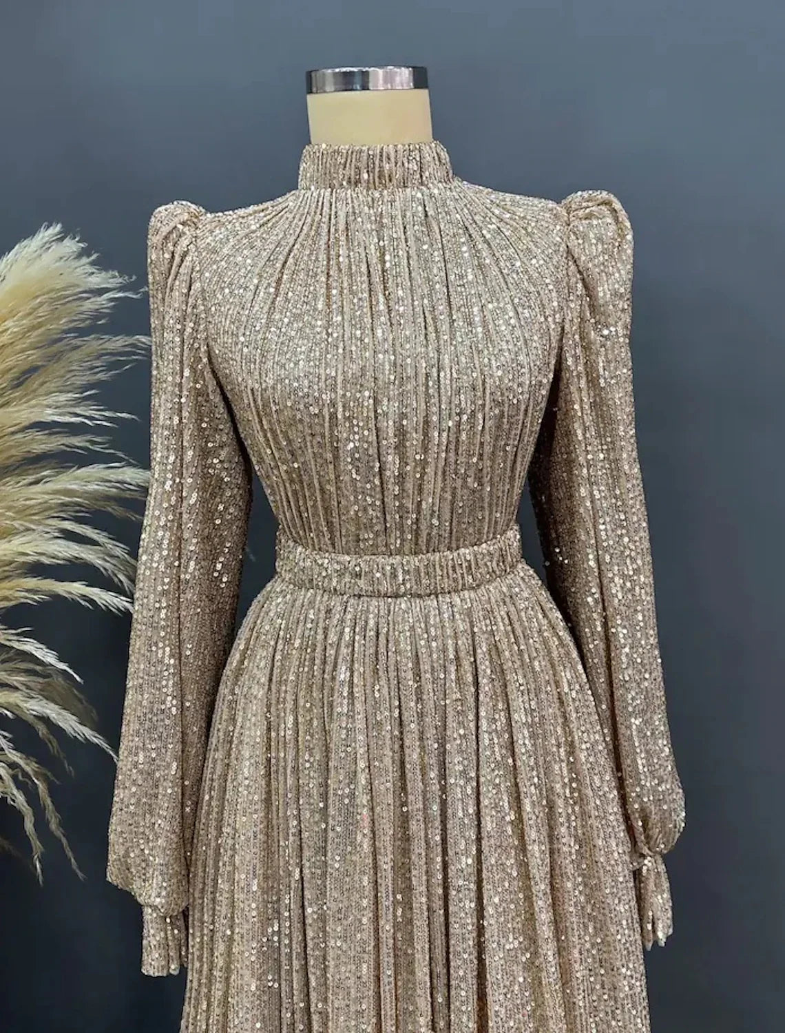 Black A-Line Sequin Long Sleeve Floor-Length Evening Gown - Chloe Dress