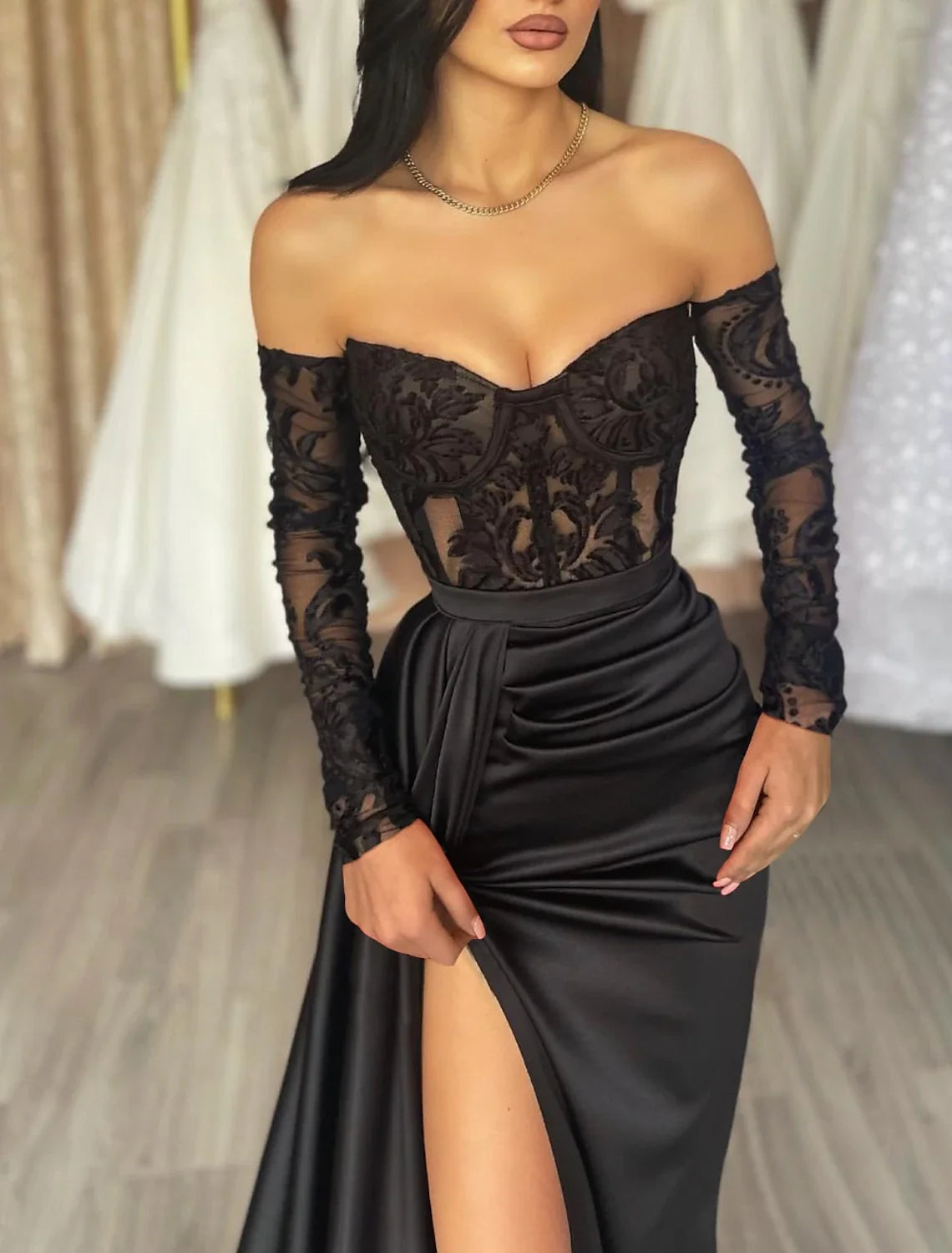 Black Mermaid Off-Shoulder Satin Long Sleeve Applique Floor-Length Evening Gown - Chloe Dress