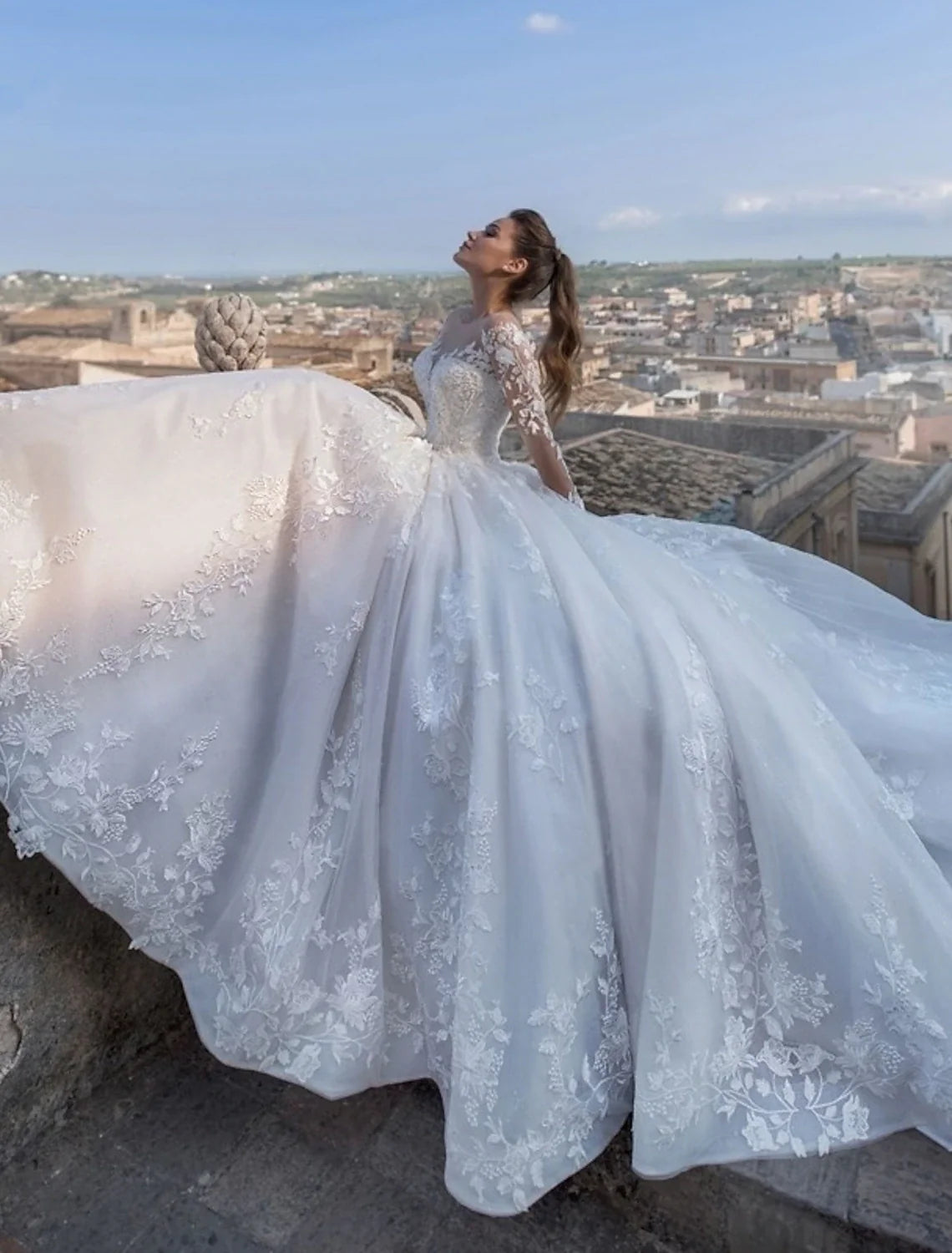Ball Gown V-Neck Lace Long Sleeve Train Wedding Gown - Chloe Dress