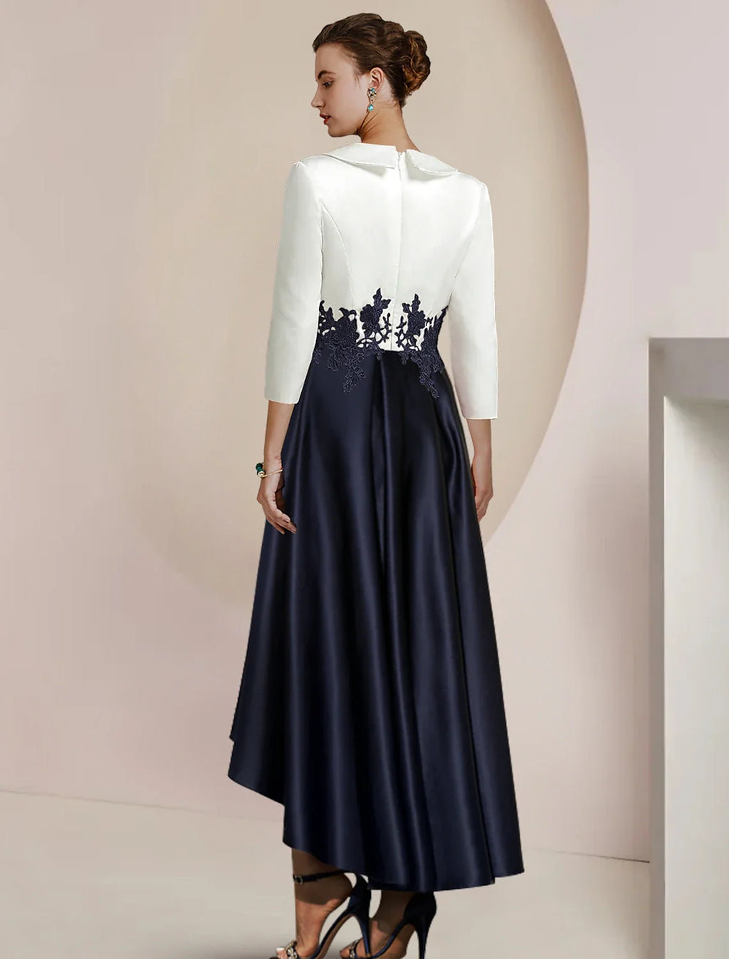 A-Line Satin Three-Quarter Sleeve Asymmetric Tea-Length Wedding Dress - Chloe Dress