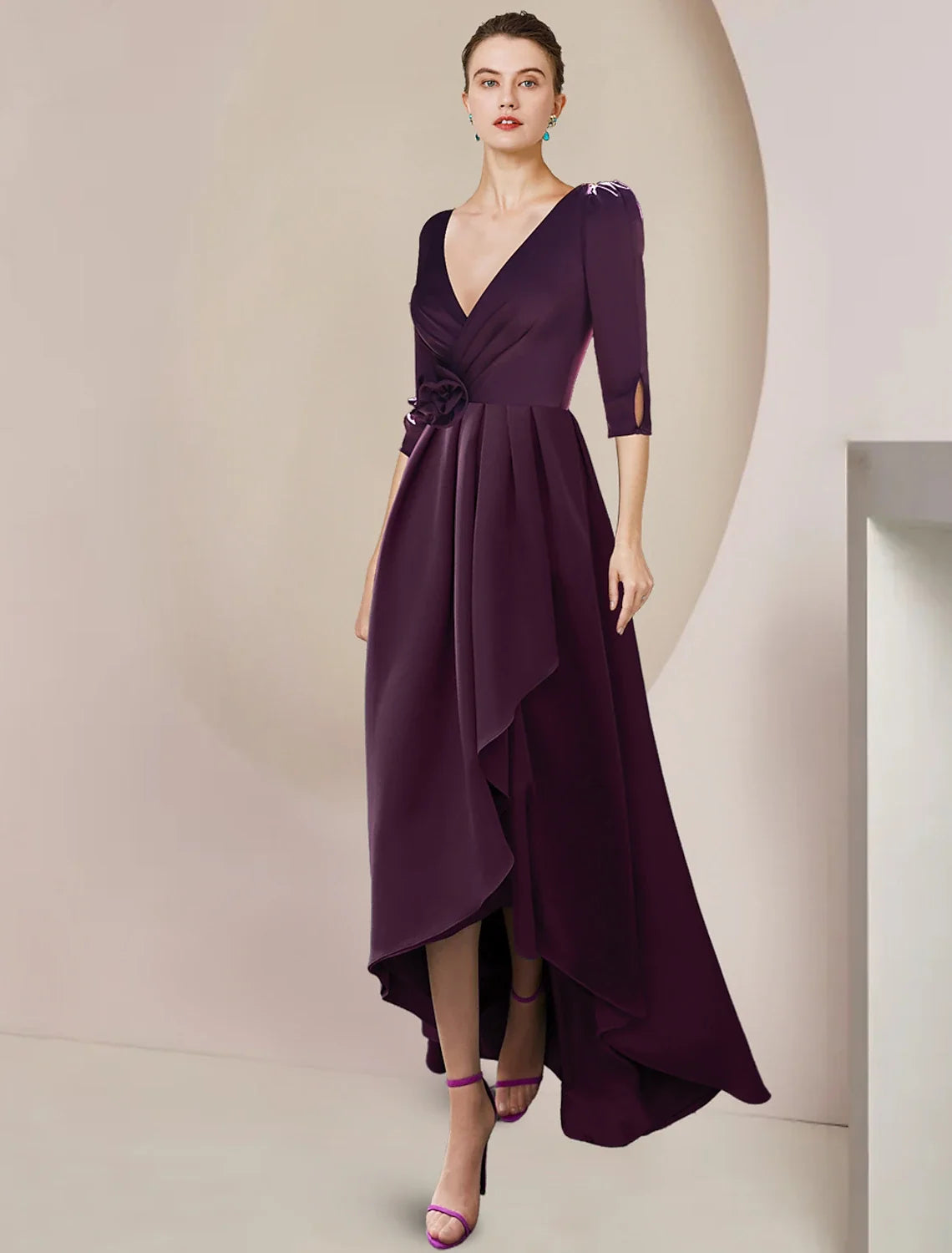 A-Line V-Neck Chiffon Three-Quarter Sleeve Applique Tea-Length Wedding Dress - Chloe Dress