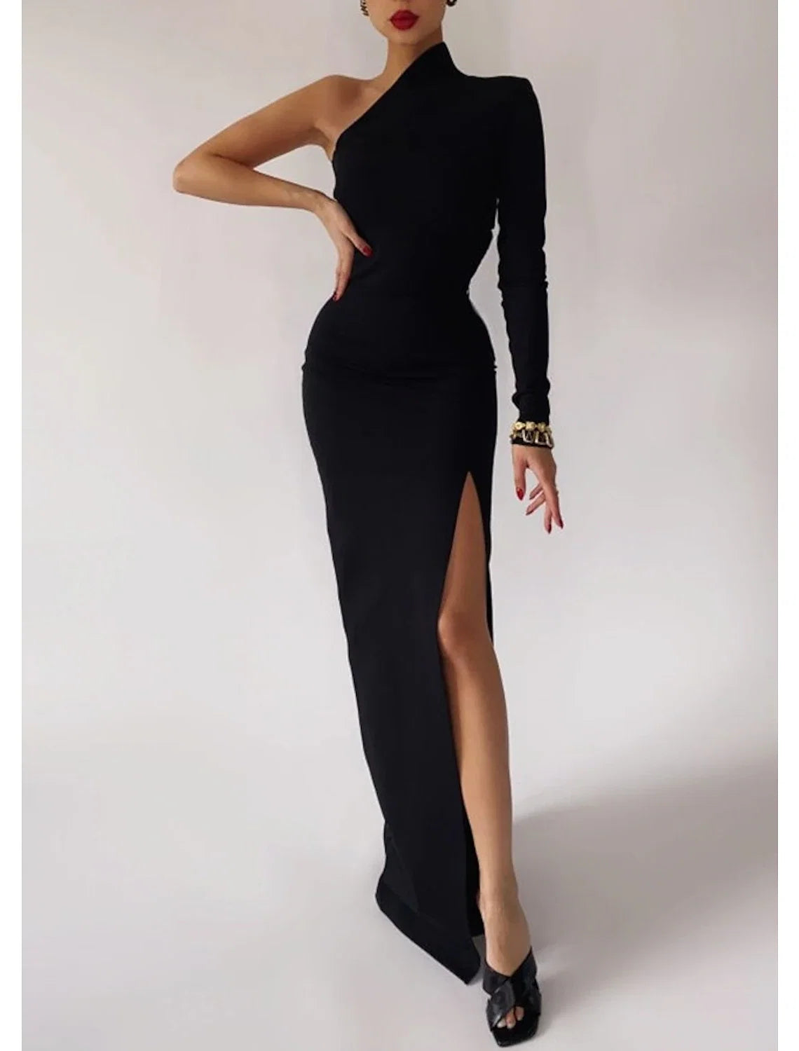 Black Mermaid One-Shoulder Long Sleeve High Slit Mini Evening Gown - Chloe Dress