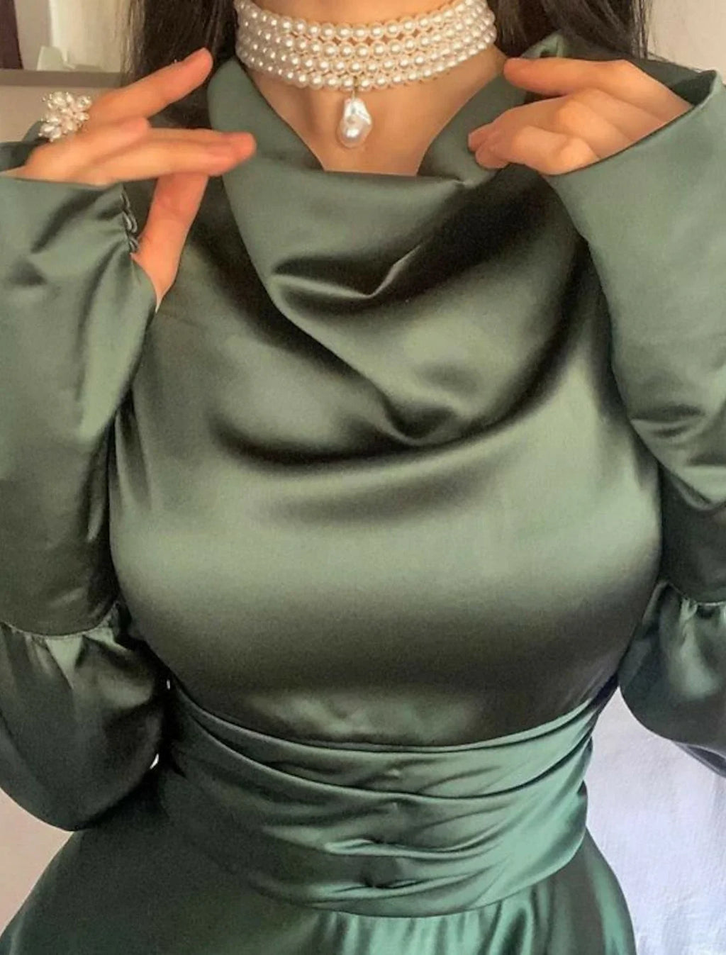 Green A-Line Cowl Neck Satin Long Sleeve Tea-Length Wedding Dress - Chloe Dress