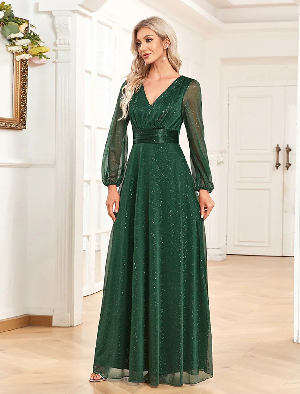 A-Line V-Neck Chiffon Long Sleeve Floor-Length Evening Gown - Chloe Dress