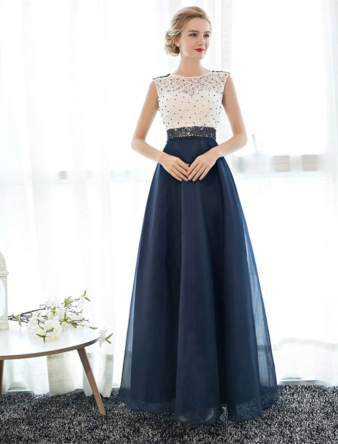A-Line Illusion Tulle Sleeveless Beaded Floor-Length Evening Dress - Chloe Dress